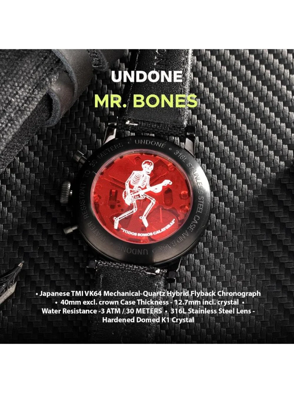 Undone Urban Collection Chronograph Mens Skeleton Dial Black Leather Strap Analo
